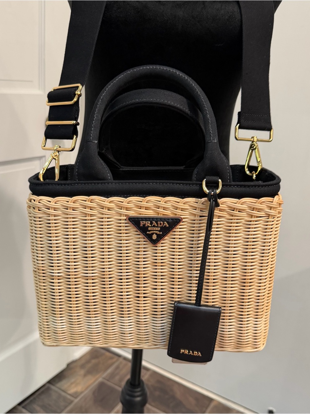 Prada Beige Wicker Tote with Black Leather Trim and Strap - Picture 12 of 13